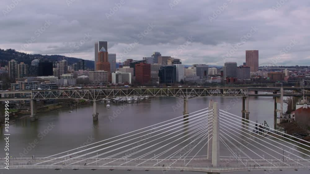 Fly by Tilikum Crossing and Marquam Bridges to reveal city of Portland, Oregon