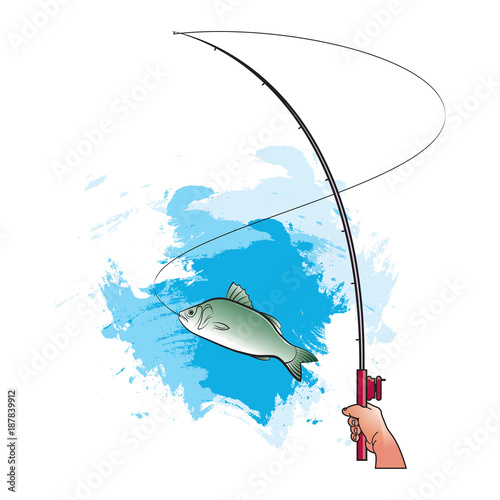 hand catching fish with fishing pole over blue brush strokes