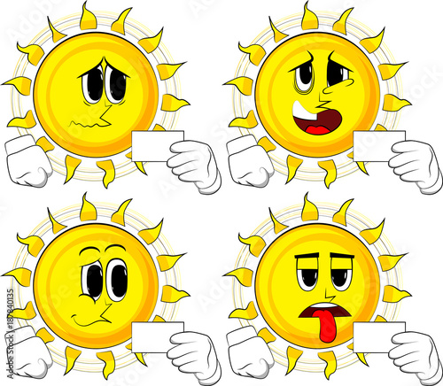 Cartoon sun holding blank white card mockup. Collection with sad faces. Expressions vector set.