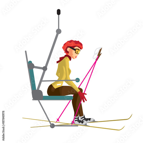 Young woman with skis is climbing the ski lift to the top of the