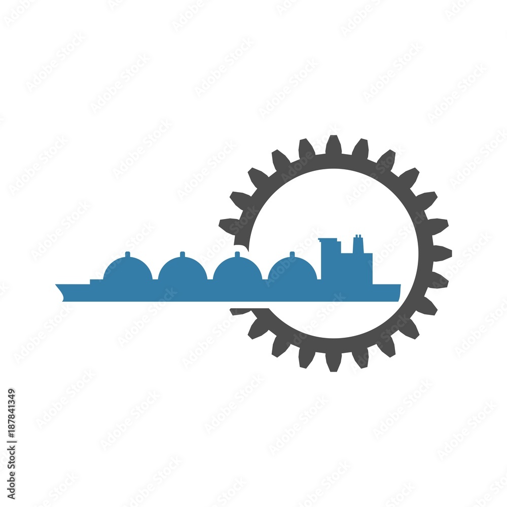 Shipping relative emblem. Nuatical cargo tank in gear icon Shipping relative emblem. Nuatical cargo tank in gear icon