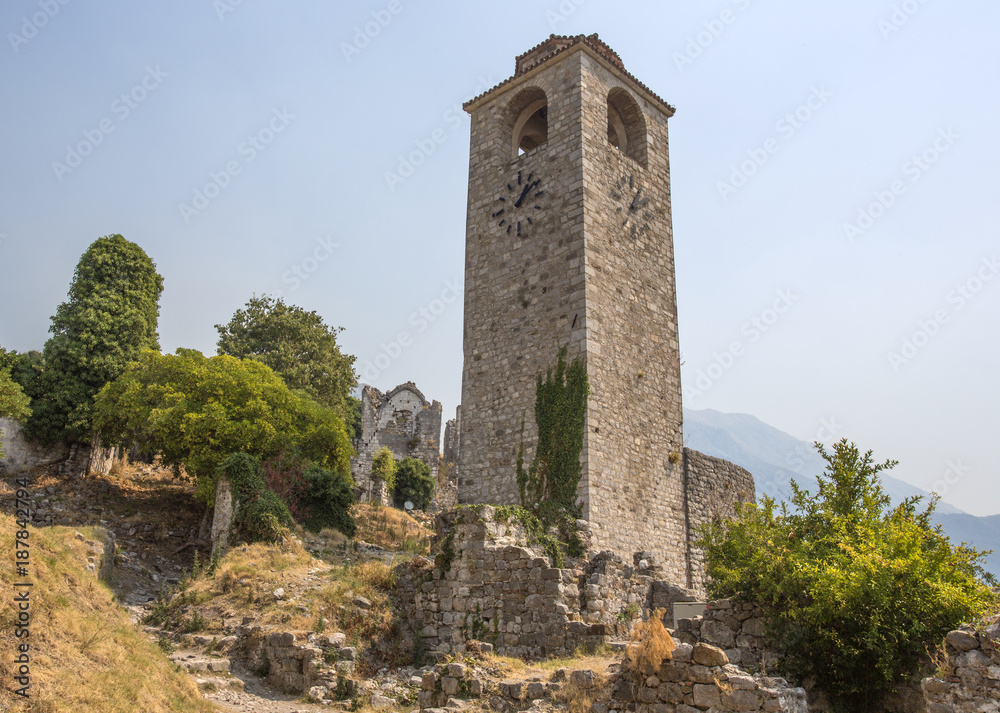 An old clock tower in an ancient fortress.