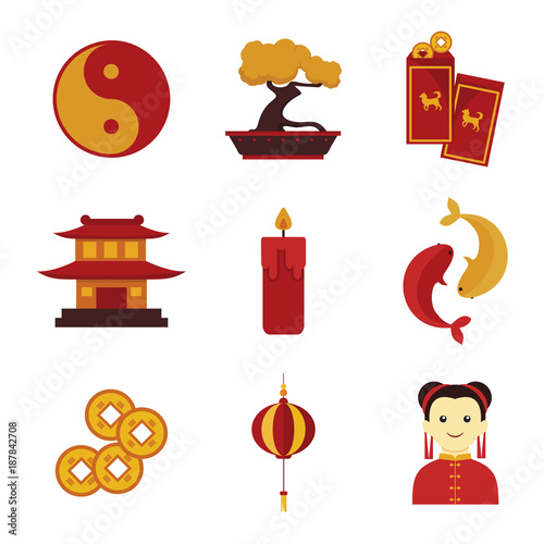 Simple Cute Chinese Custom Culture Vector Illustration Graphic Set