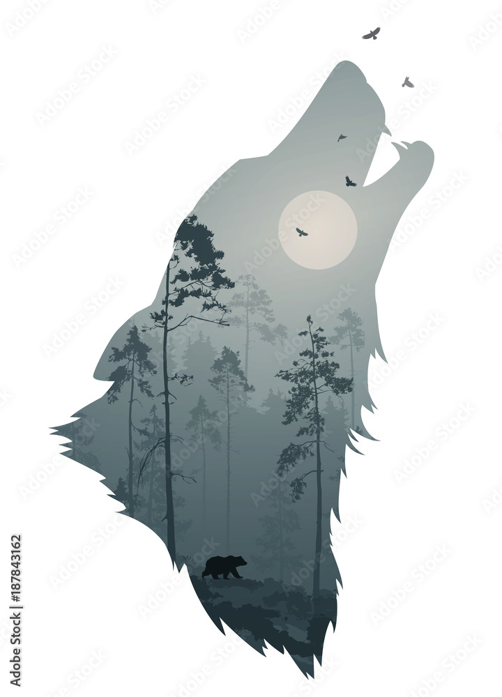 Obraz premium silhouette of the head of the howling wolf. Inside it is a night forest with a bear and birds. Vector illustration, white background, isolated object