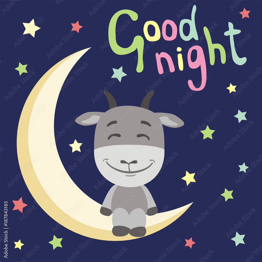 Good night! Funny goat in cartoon style sitting on moon. Stock Vector |  Adobe Stock