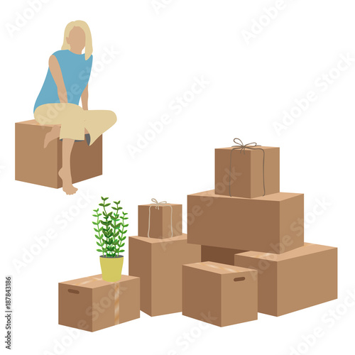 Sitting young woman with cardboard boxes. House move or relocation vector illustration isolated on white background