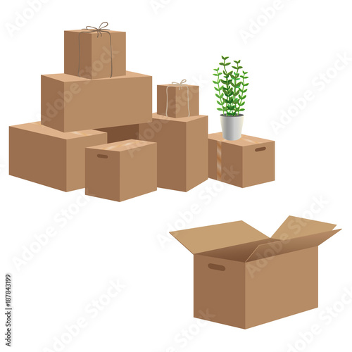 Cardboard boxes composition, closed and open boxes for house move or shipment of cargo. Vector illustration isolated on white background
