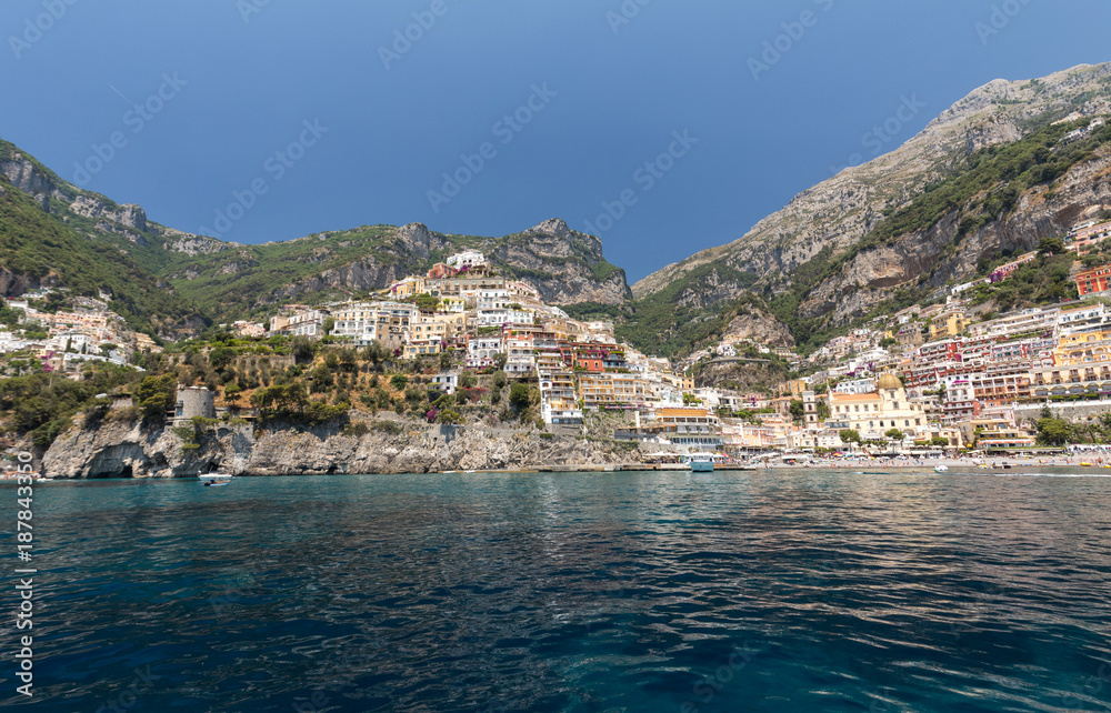 Positano seen from the sea on Amalfi Coast in the region Campania, Italy