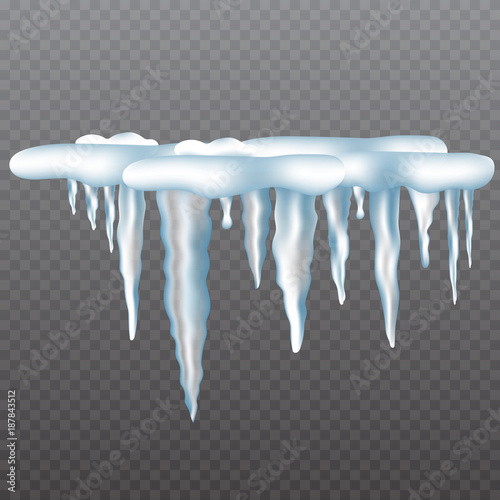  Realistic icicles with snow set on transparent background. Vector illustration.