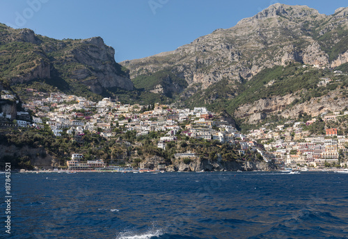 Colourful Positano, the jewel of the Amalfi Coast, with its multicoloured homes and buildings perched on a large hill overlooking the sea. Italy