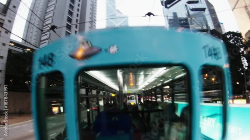 Hyper Lapse. Evening Streets of Hong Kong in a Motion . View from Double-Decker Tram .
