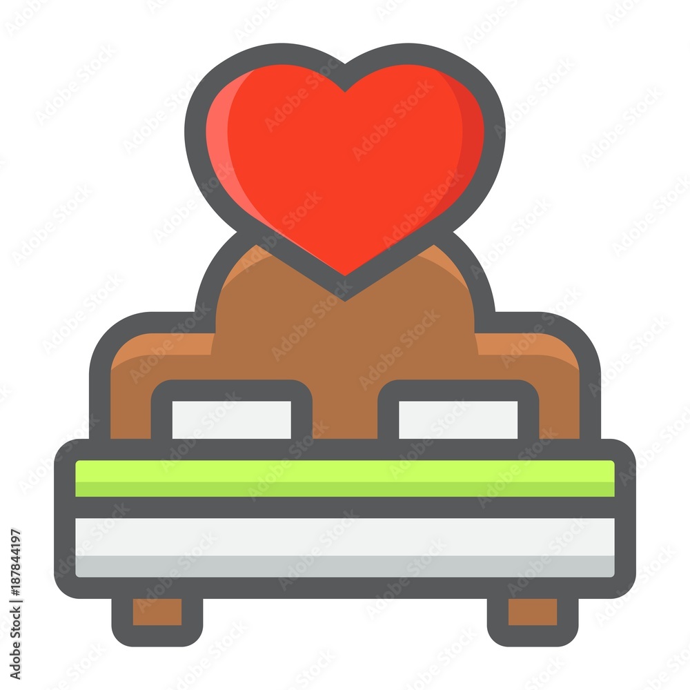 Lovers bed with heart filled outline icon, valentines day and romantic, sex sign vector graphics, a colorful line pattern on a white background, eps 10. Lovers bed with heart filled outline icon, valentines day and romantic, sex sign vector graphics, a colorful line pattern on a white background, eps 10.