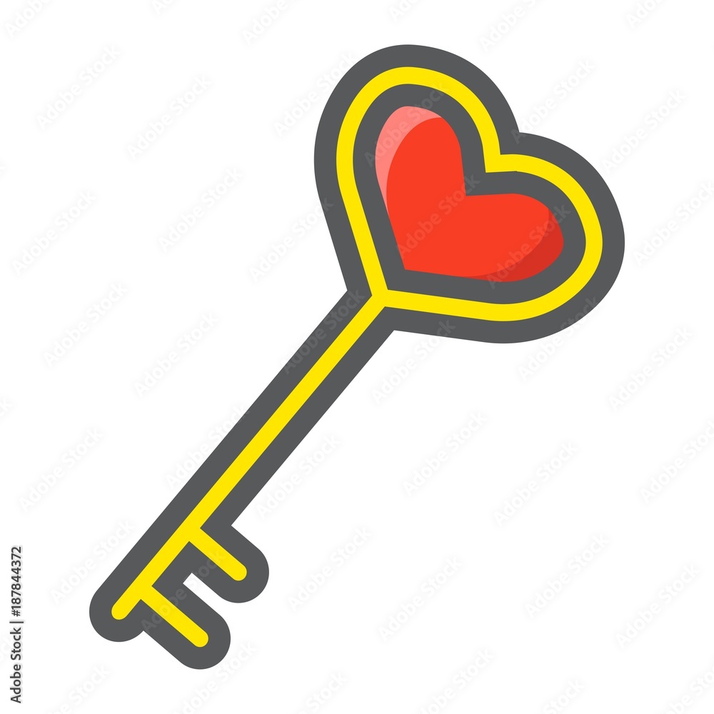 Key with heart shape filled outline icon, valentines day and romantic, love sign vector graphics, a colorful line pattern on a white background, eps 10. Key with heart shape filled outline icon, valentines day and romantic, love sign vector graphics, a colorful line pattern on a white background, eps 10.