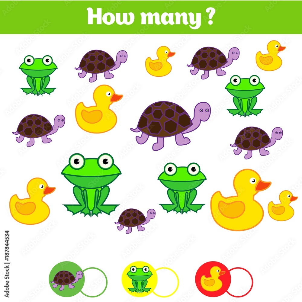 Obraz premium Counting educational children game, kids activity sheet. How many objects task. Learning mathematics, numbers