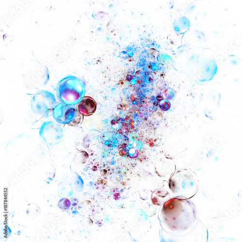 Abstract colorful glowing drops and sparkles on white background. Fantasy blue and brown fractal texture. Close-up view. Digital art. 3D rendering.
