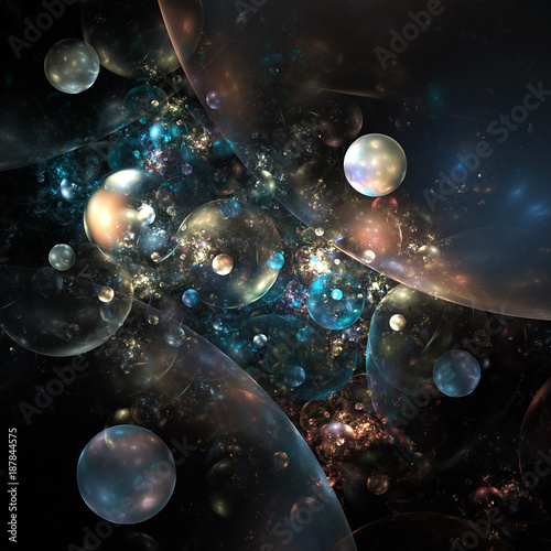 Abstract colorful glowing drops and sparkles. Fantasy blue and beige fractal texture. Close-up view. Digital art. 3D rendering.