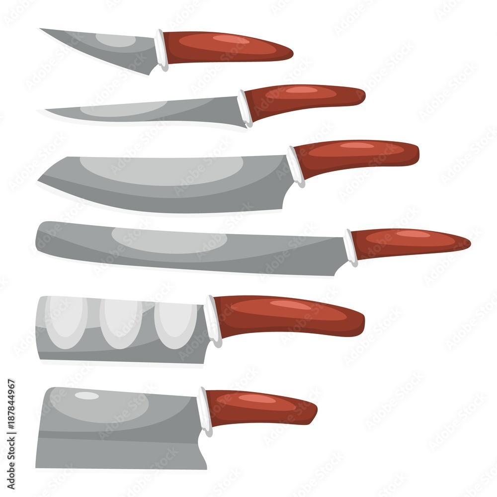 Obraz premium Collection of knives on a white background. Vector illustration of a set of kitchen knives in a cartoon style. Chef's Tools