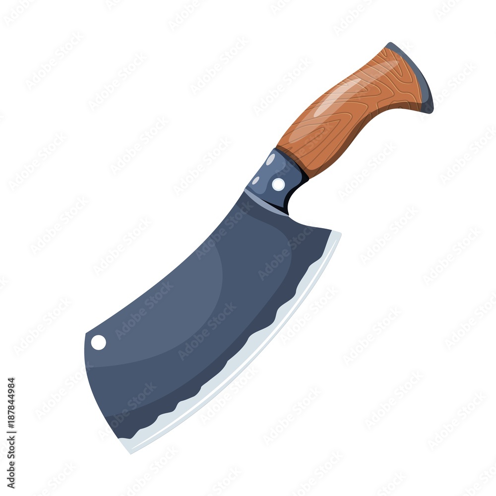 Color image of a cleaver. Metal kitchen knife on a white background. Vector illustration in cartoon style Color image of a cleaver. Metal kitchen knife on a white background. Vector illustration in cartoon style