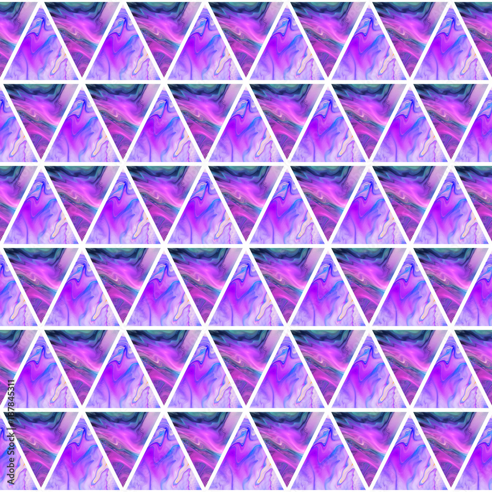 Abstract seamless triangle pattern with blue, purple and green marble textures. Fantasy design for wallpapers or fabric.