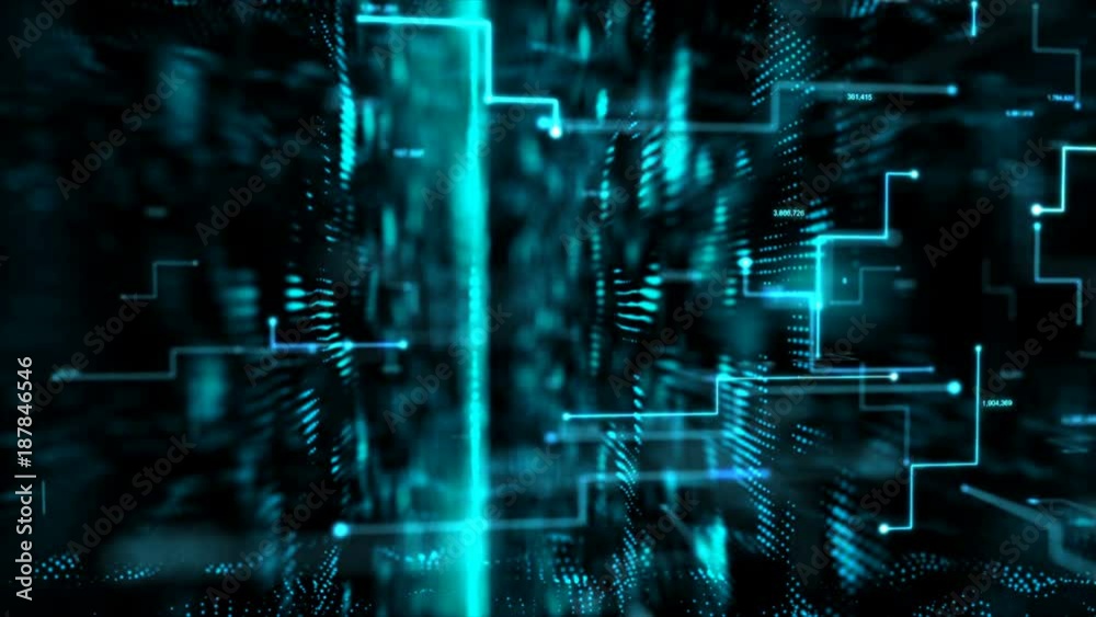 4K Animation 3D abstract dark background moving dot and line metaphor cyber futuristic data transfer network connection concept with grain processed