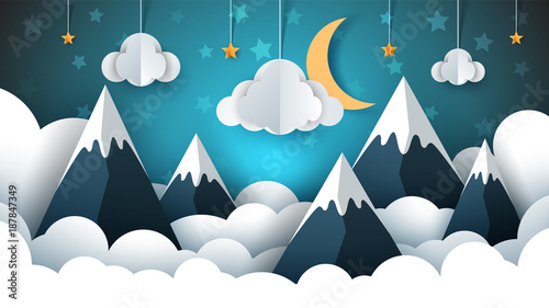 Fototapeta Naklejka Na Ścianę i Meble -  Mountain landscape paper illustration. Cloud, star, moon, sky.