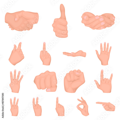 Hand gesture cartoon icons in set collection for design. Palm and finger vector symbol stock web illustration.