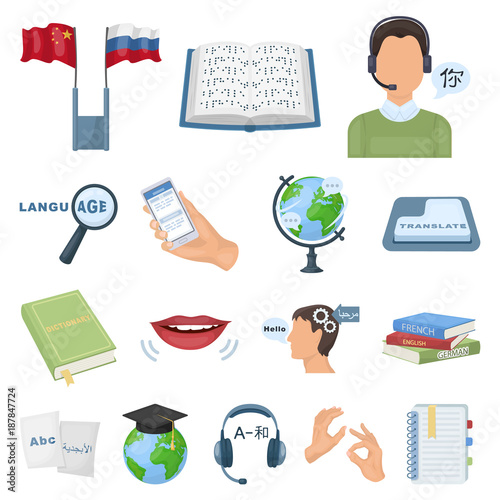 Translator and linguist cartoon icons in set collection for design. Interpreter vector symbol stock web illustration.