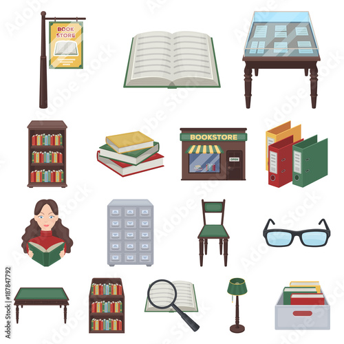 Library and bookstore cartoon icons in set collection for design. Books and furnishings vector symbol stock web illustration.