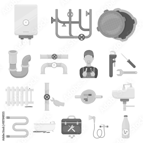 Plumbing, fitting monochrome icons in set collection for design. Equipment and tools vector symbol stock web illustration.