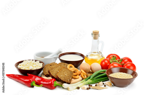 Set of natural products isolated on white background. Healthy food.