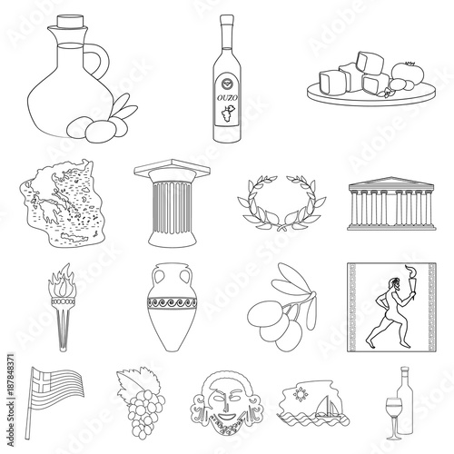 Country Greece outline icons in set collection for design.Greece and landmark vector symbol stock web illustration.