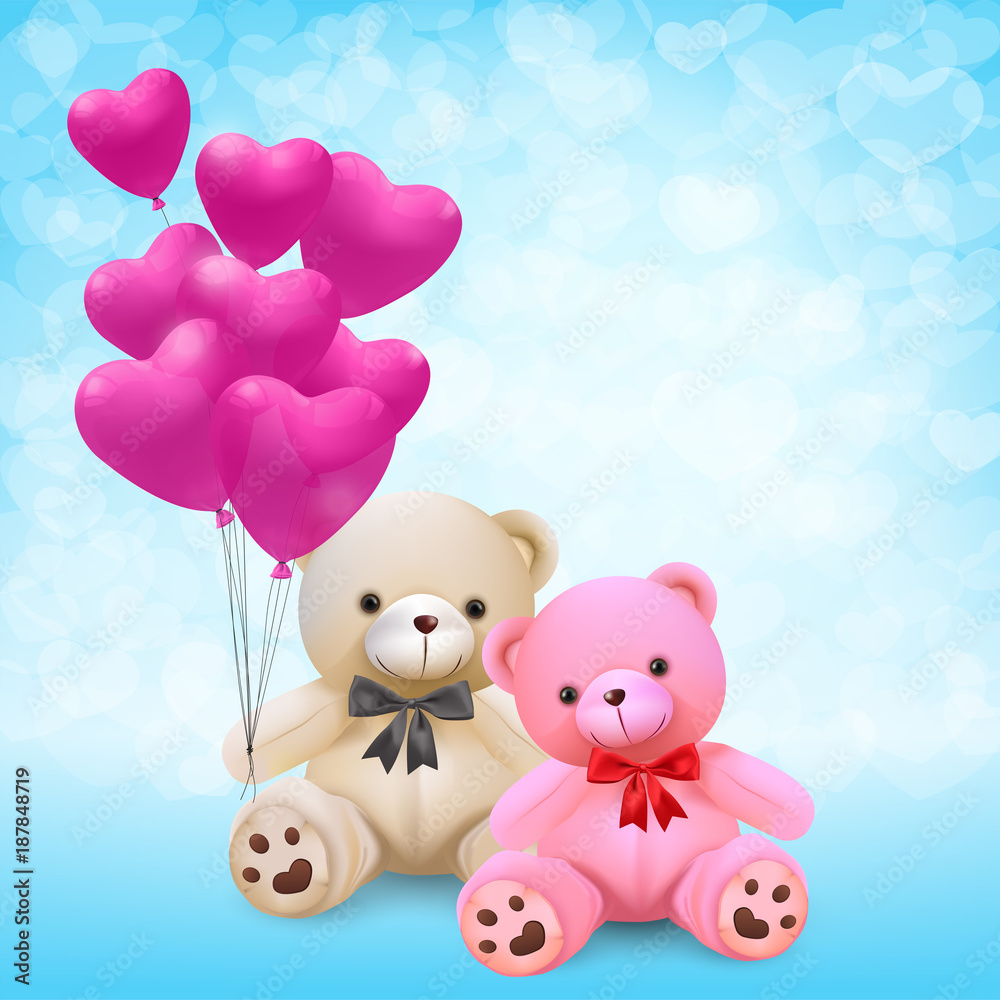 Cute couple teddy bear holding pink heart balloons on blue ...