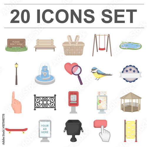 Park, equipment cartoon icons in set collection for design. Walking and rest vector symbol stock web illustration.