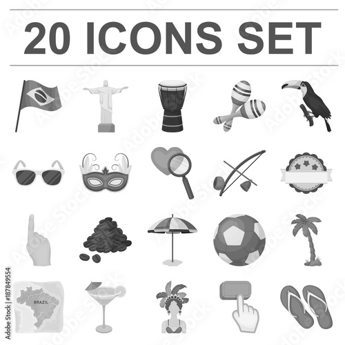 Country Brazil monochrome icons in set collection for design. Travel and attractions Brazil vector symbol stock web illustration.