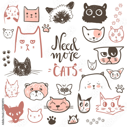 Funny doodle cat icons collection. Hand drawn pet, kid drawn des