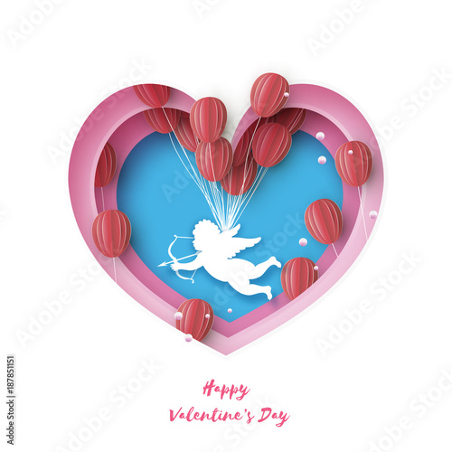 Flying Cupid - little angel. Love Pink Frame. Shape Heart in paper cut style. Origami little boy - Cherub. Bow and Arrow. Red Balloons flying. Happy Valentine day. Romantic Holidays. 14 February.