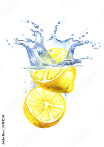 Fresh lemons falling into water isolated on white background. Watercolor hand drawn illustration