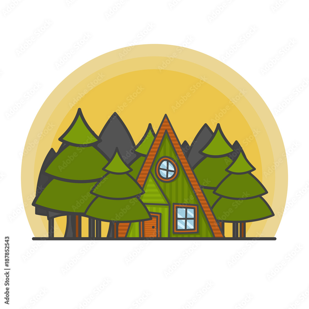 Obraz premium Cartoon scene with house in the forest illustration. Doodle vector, hand drawn building.