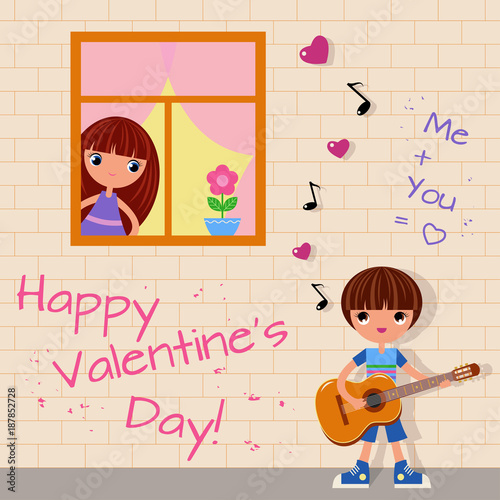 serenade / Boy plays the guitar and sings under the window of girl. Vector illustration for valentine design.
