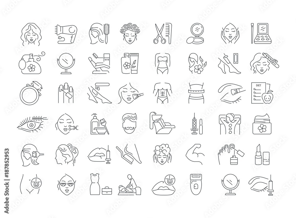 Vector graphic set. Icons in flat, contour, thin, minimal and linear design. Beauty. Attributes of beauty for men and women. Concept illustration for Web site. Sign, symbol, element. - obrazy, fototapety, plakaty 