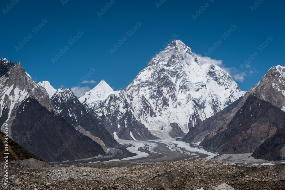 Naklejka premium K2 mountain peak, second highest mountain in the world, K2 base camp trekking route in Karakoram mountains range, Pakistan, Asia