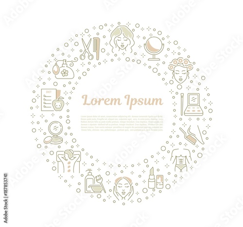 Vector graphic set icon in line, contour, thin, and flat design. Beauty. Beauty salon, cosmetology, fashion. Template, top internet web site, main page.