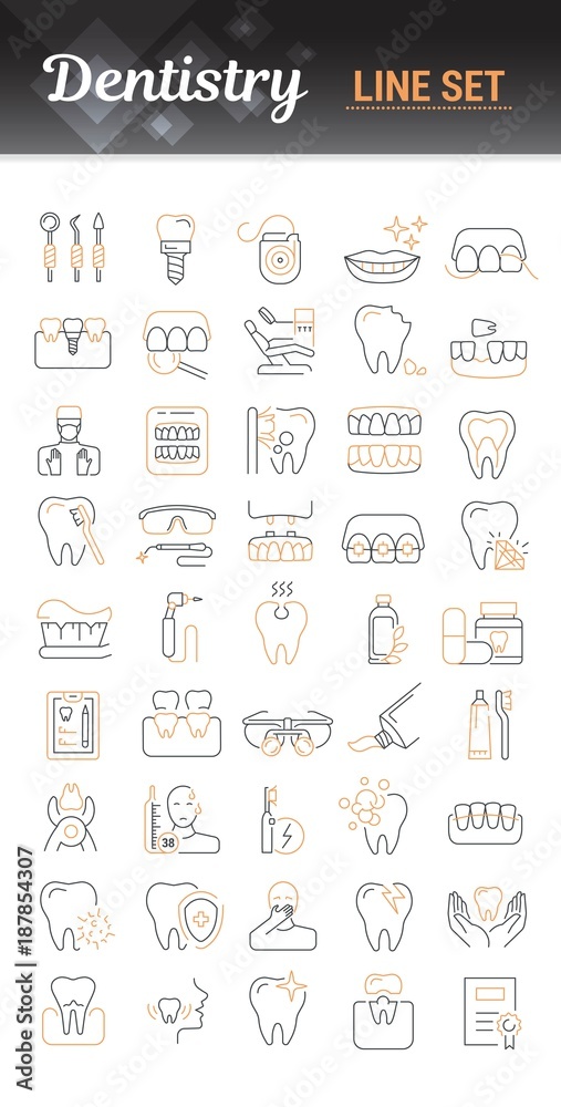 Vector graphic set. Icons in flat, contour, thin and linear design. Dental services, therapy, disease, problem, tool, reconstruction. Simple isolated icons. Concept Web illustration. Sign, symbol. Vector graphic set. Icons in flat, contour, thin and linear design. Dental services, therapy, disease, problem, tool, reconstruction. Simple isolated icons. Concept Web illustration. Sign, symbol.