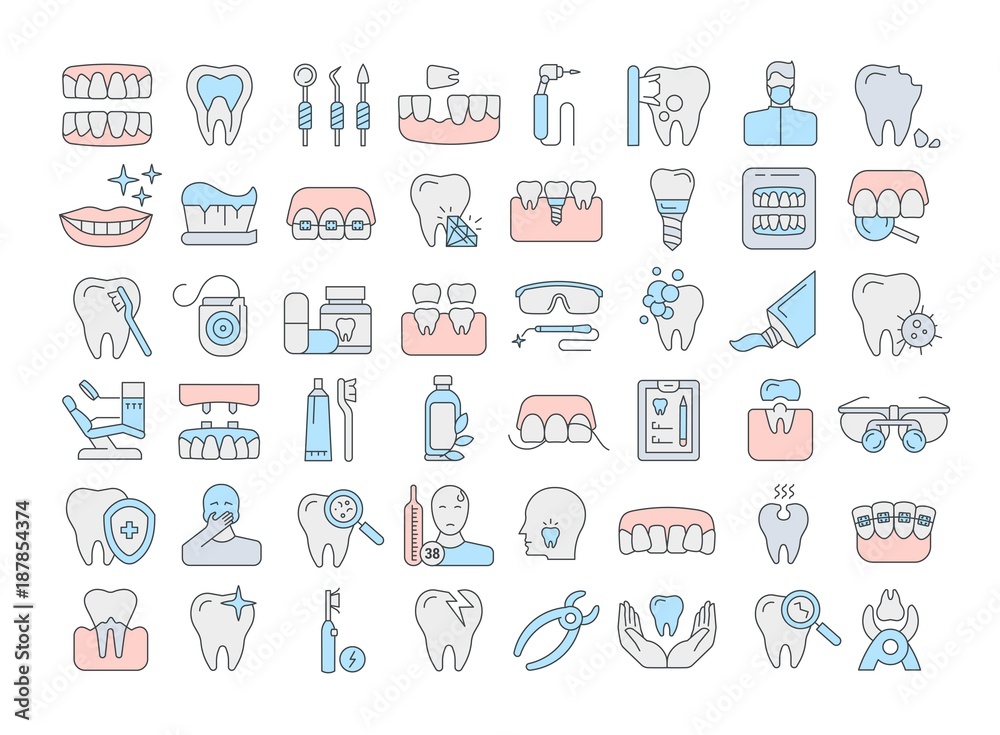 Vector graphic set. Icons in flat, contour, thin and linear design. Dental services, therapy, disease, problem, tool, reconstruction. Simple isolated icons. Concept Web illustration. Sign, symbol. Vector graphic set. Icons in flat, contour, thin and linear design. Dental services, therapy, disease, problem, tool, reconstruction. Simple isolated icons. Concept Web illustration. Sign, symbol.