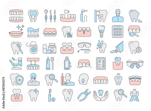 Vector graphic set. Icons in flat, contour, thin and linear design. Dental services, therapy, disease, problem, tool, reconstruction. Simple isolated icons. Concept Web illustration. Sign, symbol.