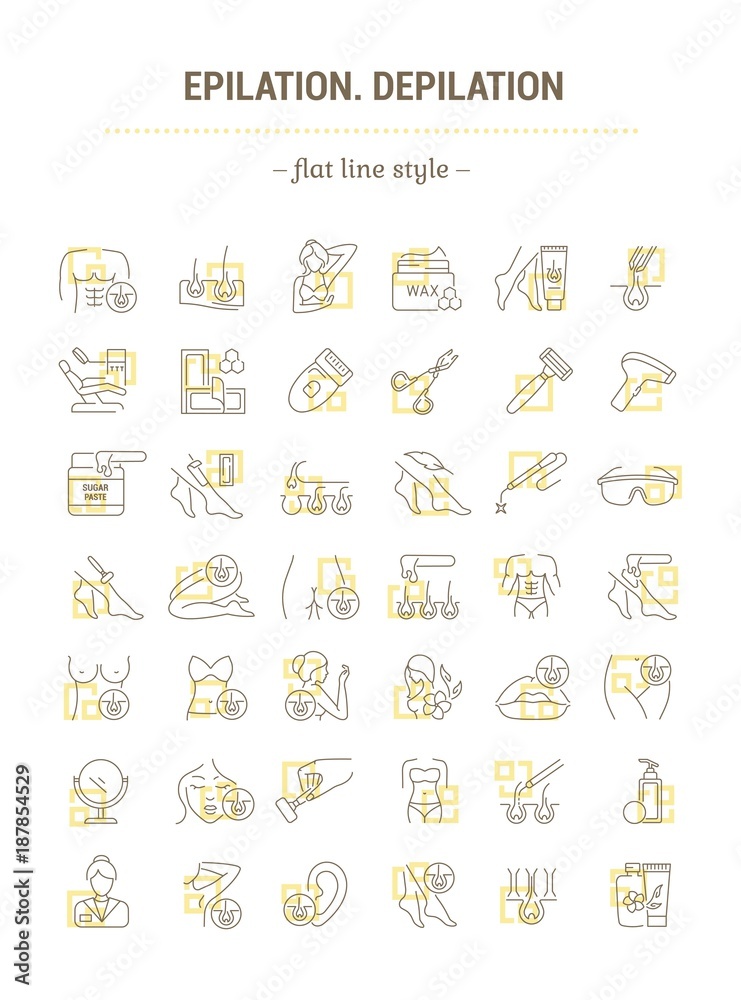 Vector graphic set. Isolated Icons in flat, contour, thin, minimal, outline and linear design. Male, female epilation of body. Removal hair equipment. Concept illustration. Web sign, symbol, element.