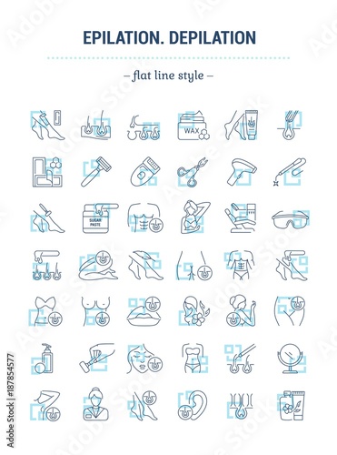 Vector graphic set. Isolated Icons in flat, contour, thin, minimal, outline and linear design. Male, female epilation of body. Removal hair equipment. Concept illustration. Web sign, symbol, element.