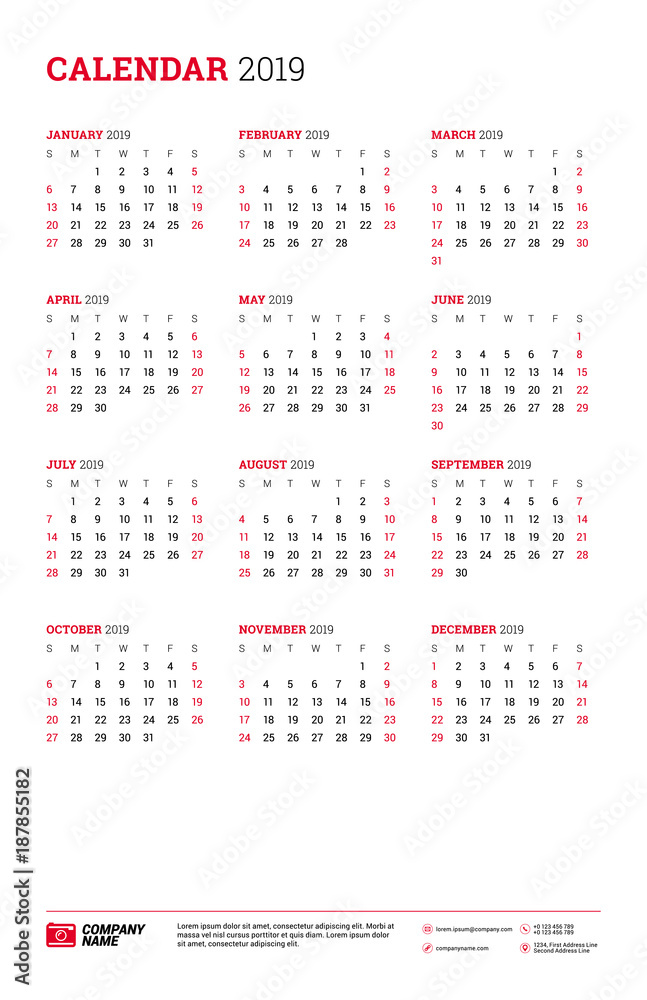 Vector calendar poster Tabloid size for 2019 Year. Week starts on Sunday. Stationery design template Vector calendar poster Tabloid size for 2019 Year. Week starts on Sunday. Stationery design template