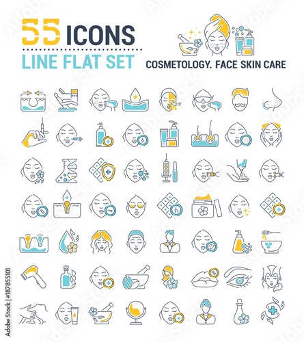 Vector graphic set. Icons in flat, contour, thin and linear design. Cosmetology. Skin care. Simple isolated icons. Concept illustration for Web site. Sign, symbol, element. © marinashevchenko