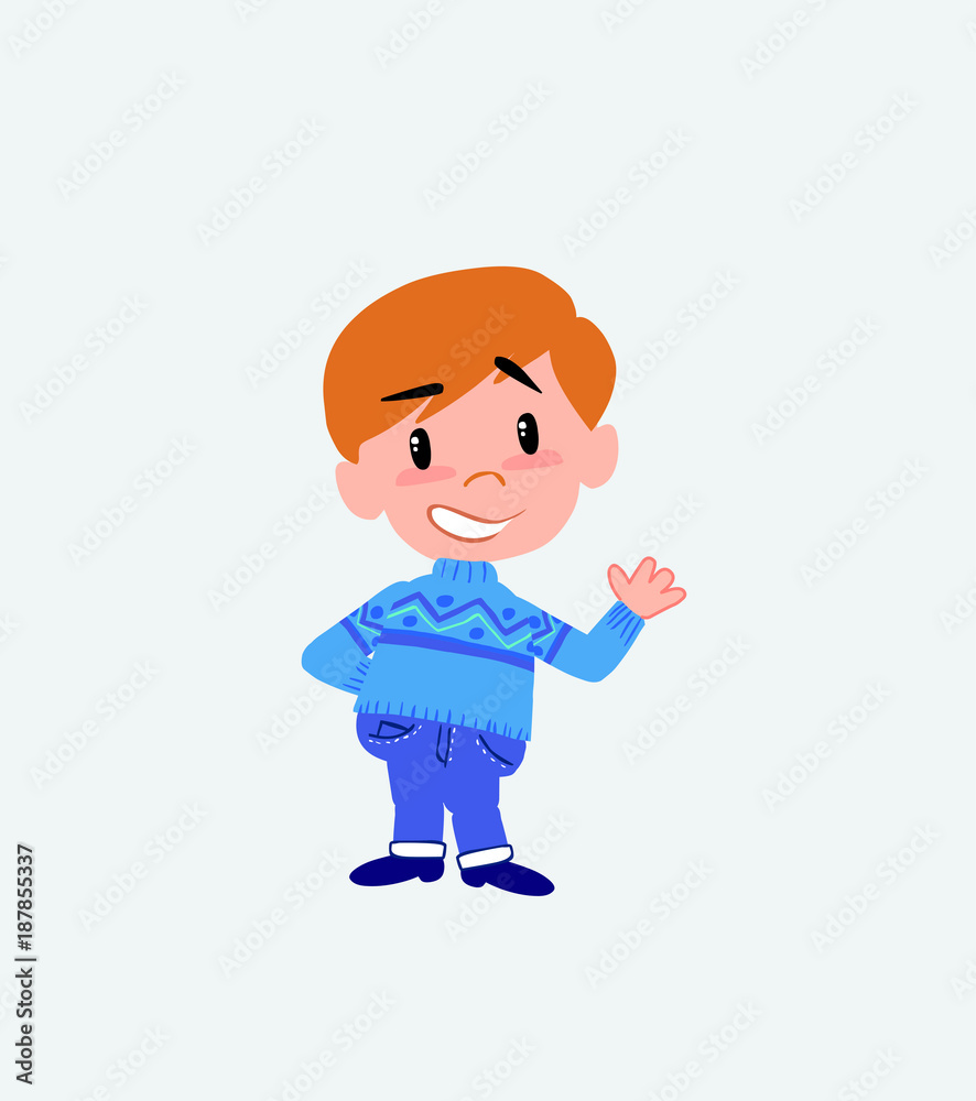 White boy in jeans showing something in positive attitude. White boy in jeans showing something in positive attitude.